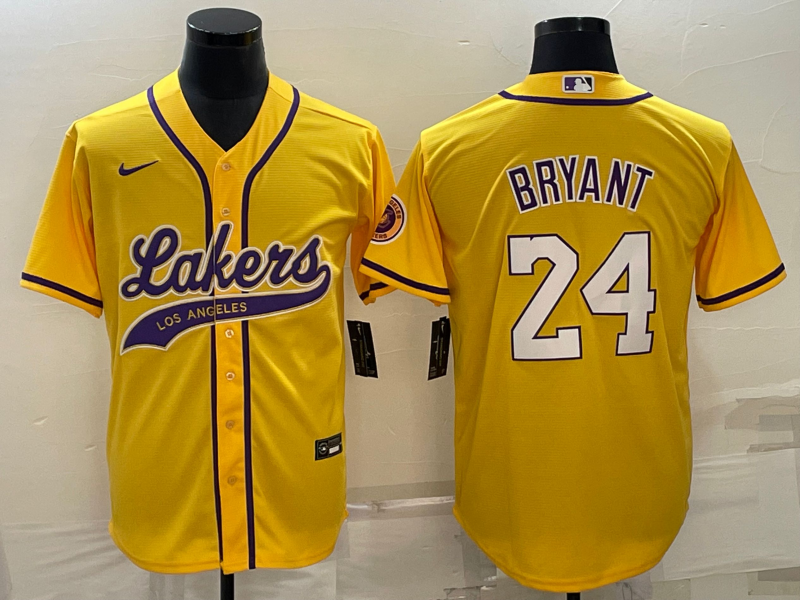 Men's Los Angeles Lakers #24 Kobe Bryant Yellow Cool Base Stitched Baseball Jersey